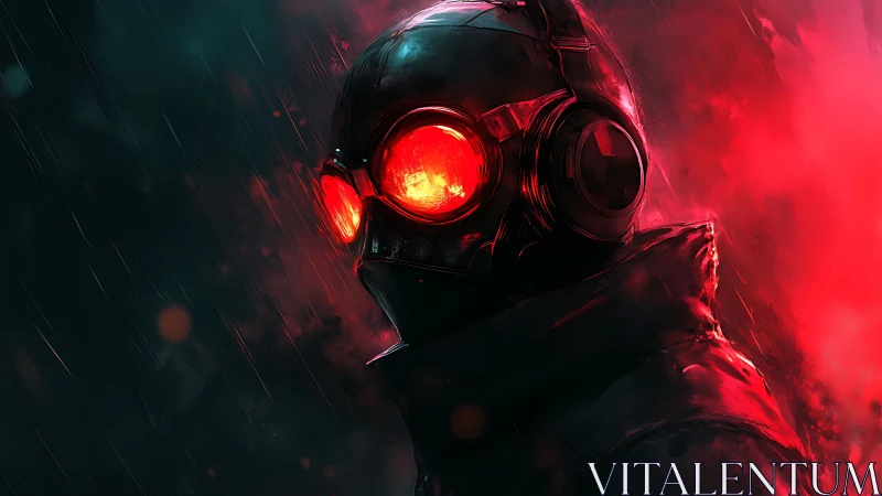 Cyberpunk sentinel with burning crimson visor in rain