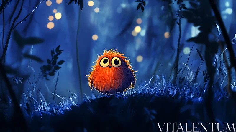 Orange fluffy creature in blue forest light at night.