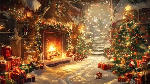 Snow-dusted hearth haven wrapped in golden Christmas glow.