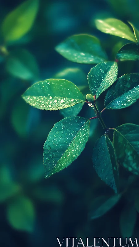 Macro leaf study with raindrops in soft bokeh field.