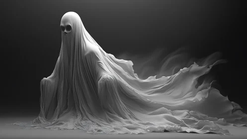 Shrouded spectral figure in flowing sculpted white drapery.