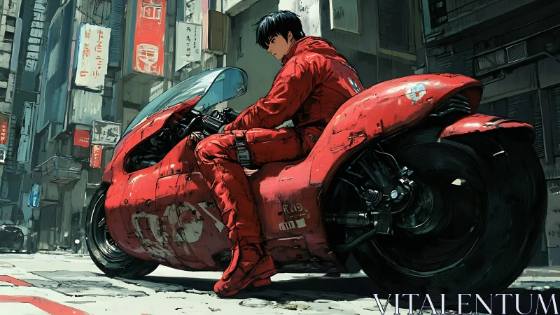 Motorcyclist on red futuristic bike in dense urban street.