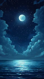 Full moon illuminates open ocean under dense cloud banks
