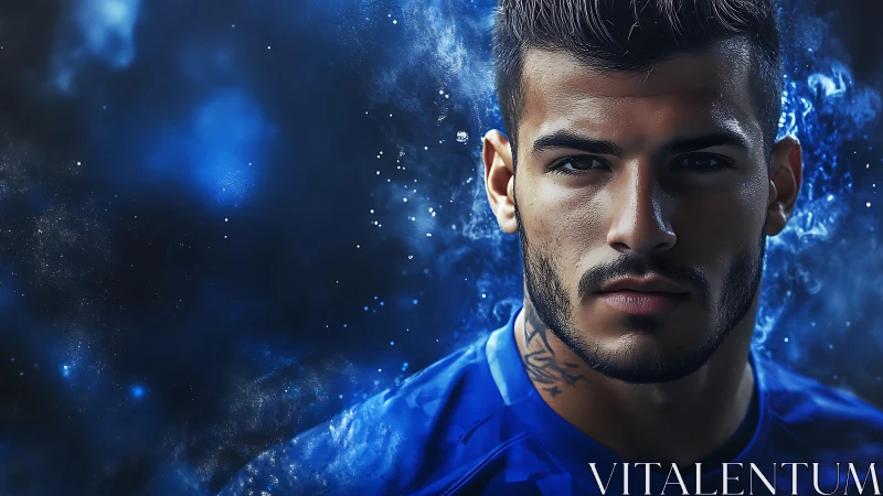 Focused athlete surrounded by glowing blue energy haze.