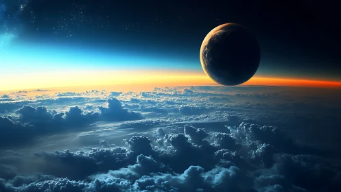 Distant planet above cloud-covered horizon in space view.