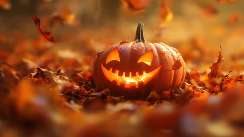 Glowing jack o lantern amid swirling autumn leaves at dusk.