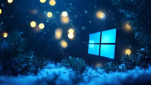 Glowing blue window logo hovers over snowy pine branches