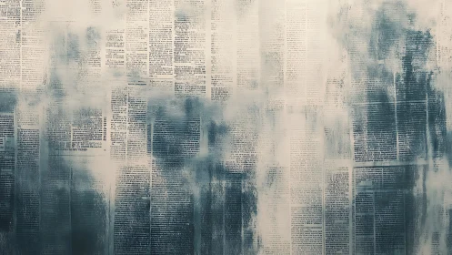Faded newspaper columns blur into misted blue haze.