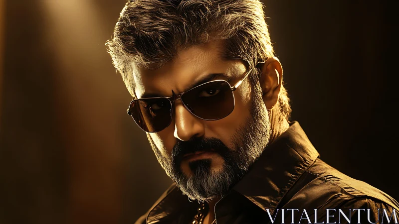 Bearded man in sunglasses under dramatic golden light.