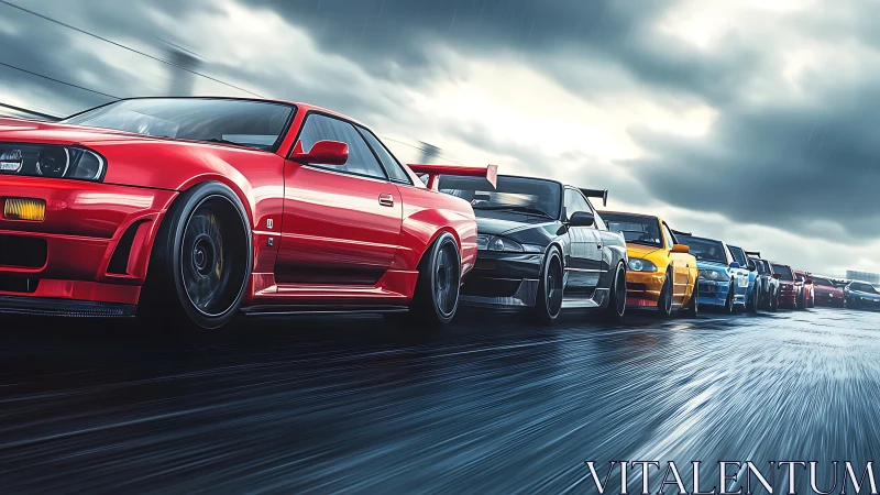 Sports cars in tight formation on wet highway under clouds.