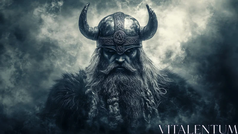 Monochrome Viking warrior portrait with horned helm and braided beard