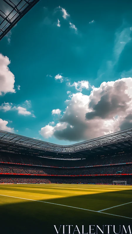 Modern football stadium interior under partly cloudy sky.