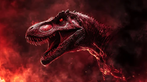 Theropod dinosaur profile in red-illuminated smoky setting.