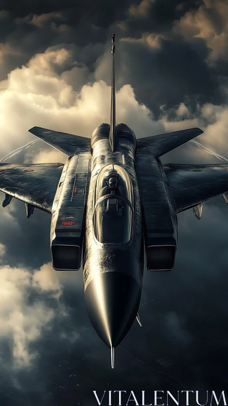 Sleek fighter jet piercing dramatic stormlit clouds.