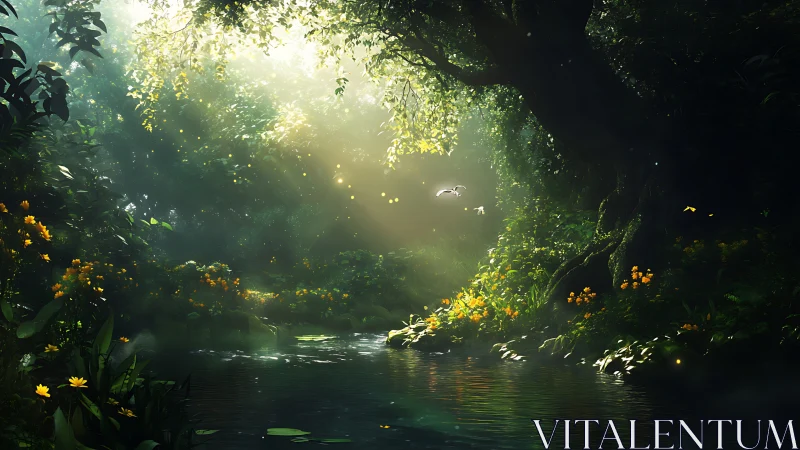 Subterranean Stream Canyon with Luminous Canopy and Atmospheric Light Diffusion