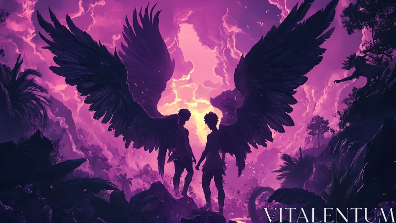 Dramatic winged figures share a glowing violet sky together