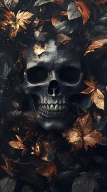 Autumn leaves cradle a midnight skull in eerie forest hush.