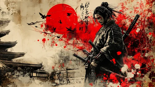 Blood-red sun crowns a brooding samurai in ink and fury