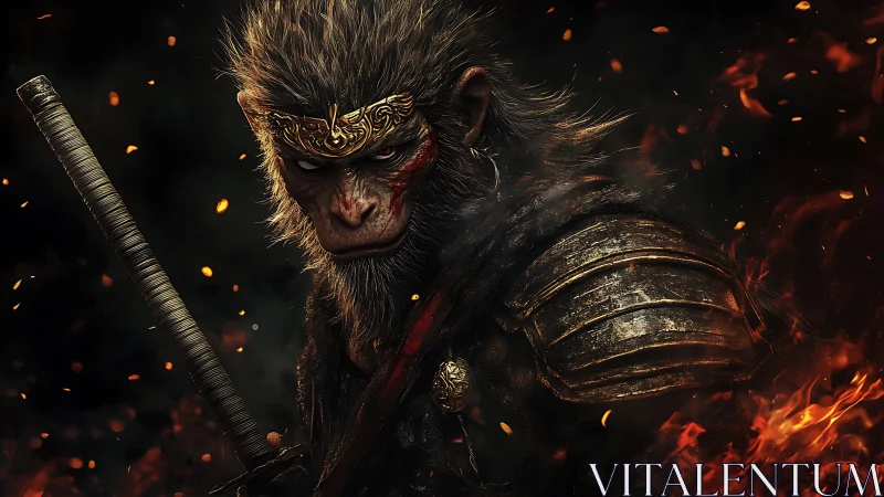 Warrior monkey prince studies the firelit battlefield edge