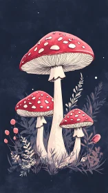 Moonlit toadstool trio quietly crowns the midnight forest