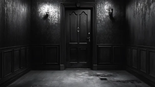 Monochrome corridor with central paneled door illumination.