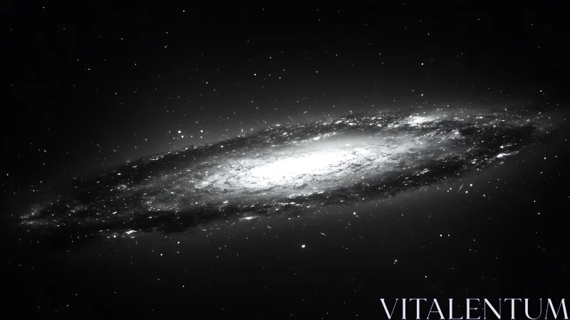 Edge-on spiral galaxy is rendered in monochrome space field
