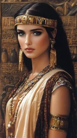 Egyptian queen portrait with ornate gold jewelry, stoic gaze.