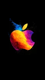 Vibrant colorful apple silhouette glows on deep black background