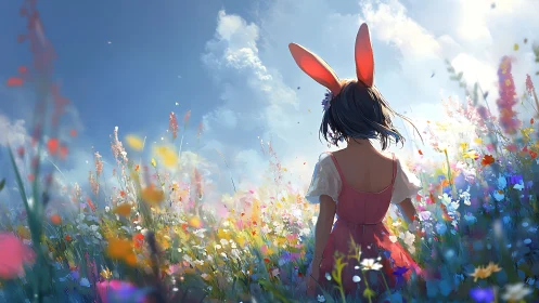 Backlit bunny-eared girl walking through luminous wildflower field
