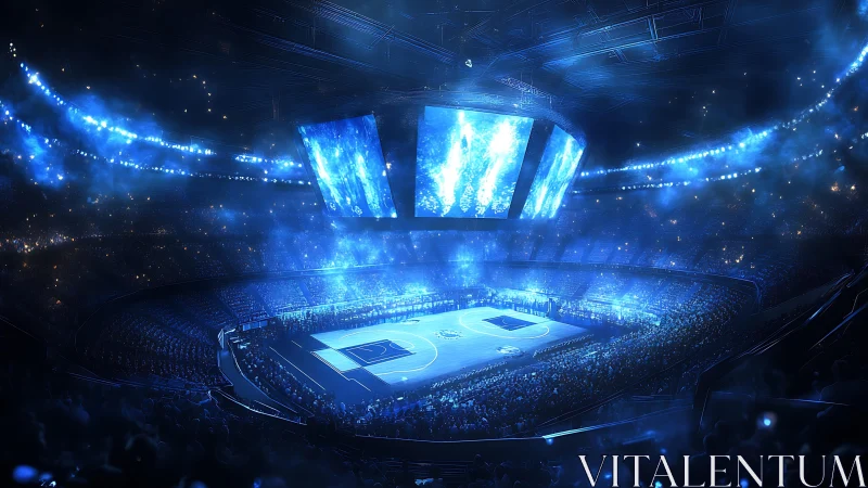 Futuristic blue arena illuminates crowded championship court