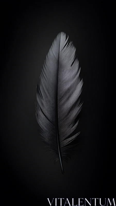 Single black feather on dark background in vertical view.