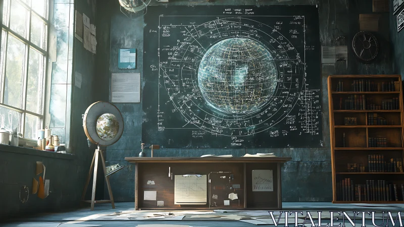 Astrophysicist&rsquo;s chalkboard globe dominates a sunlit study.