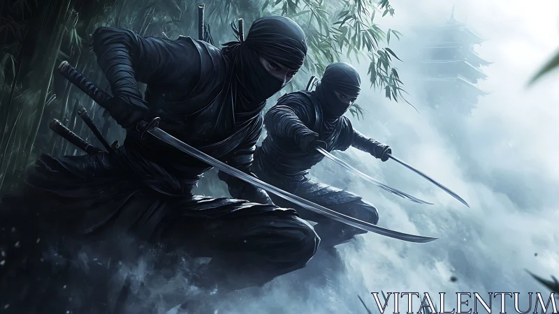 Stealthy twin ninjas advance through misty bamboo forest.