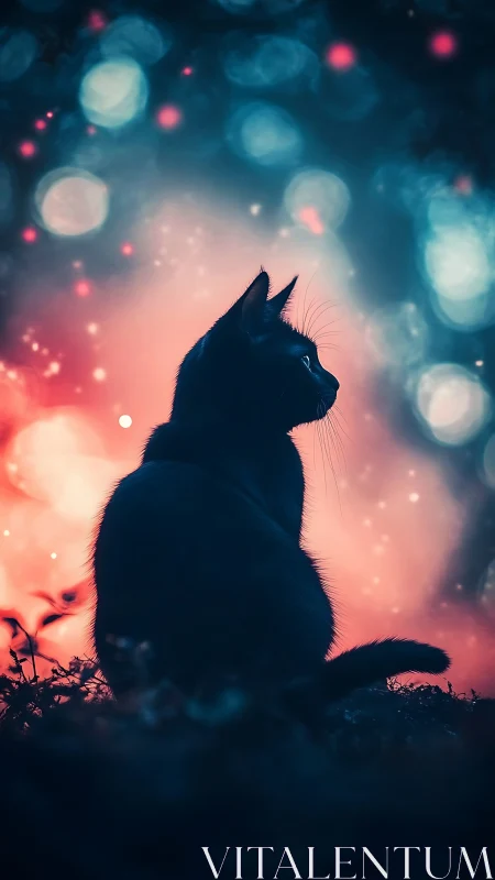 Silhouetted Cat Against Luminous Bokeh Background.