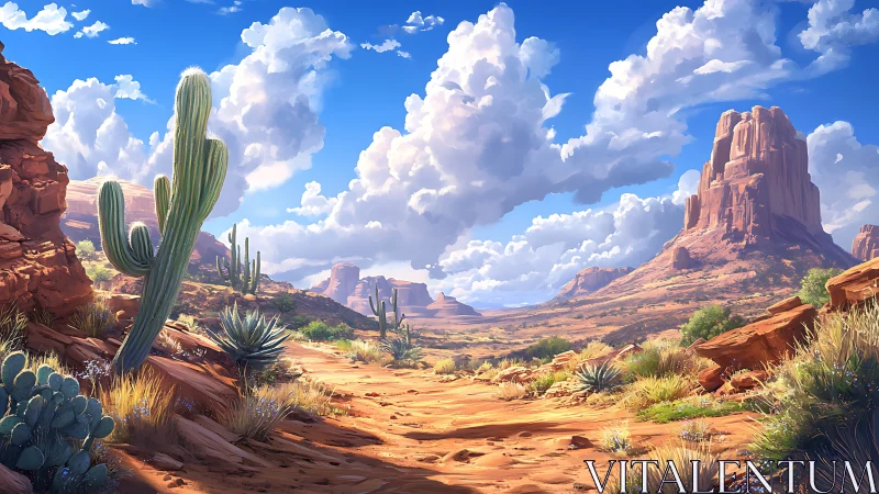 Sunlit desert canyon with towering cactus and sculpted mesas.