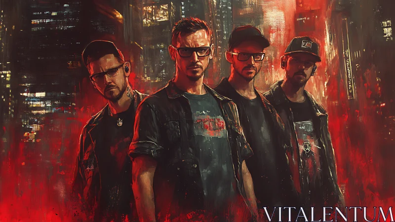 Urban night crew in glowing red city haze portrait.