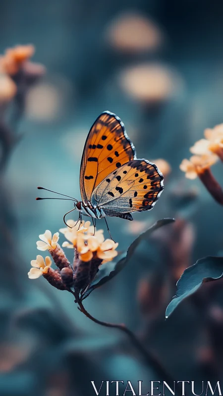 Orange butterfly on small yellow flowers in soft focus field.