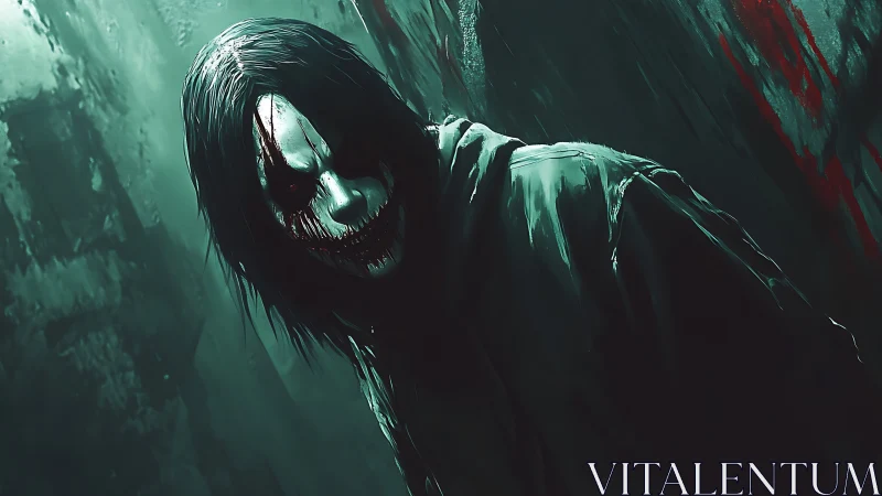 Hooded horror figure with smeared clown mask in alleyway.