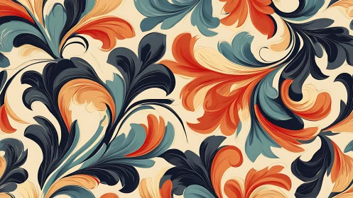 Floral scrollwork pattern with teal, red and black leaves.