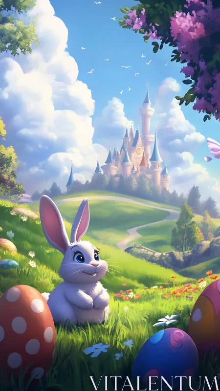 Easter meadow bunny with painted eggs before fairytale castle