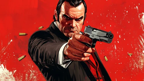 Gunman locks aim against stark red backdrop in action pose.