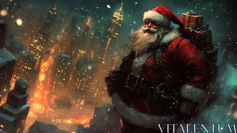 Santa soars above the glowing winter city skyline at night.