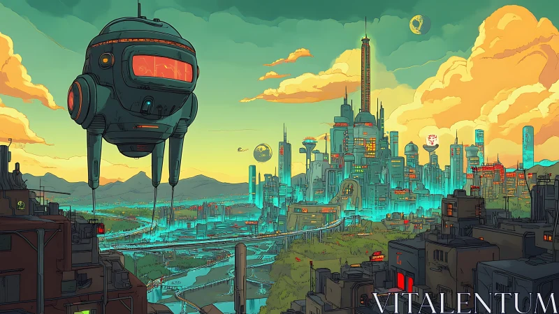 Hovering surveillance droid above neon cyan retrofuturist megacity