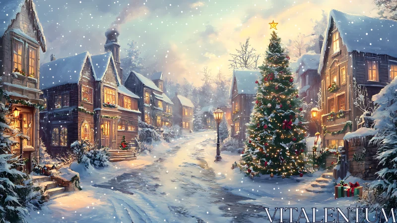 Snowlit village street wrapped in glowing Christmas magic.