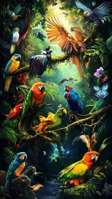 Vivid jungle parrots gather beneath glowing forest light.