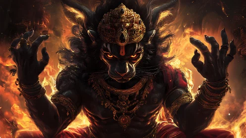 Fiery feline demigod unleashes power amid swirling flames