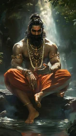 Muscular sage in orange robes meditating by waterfall.