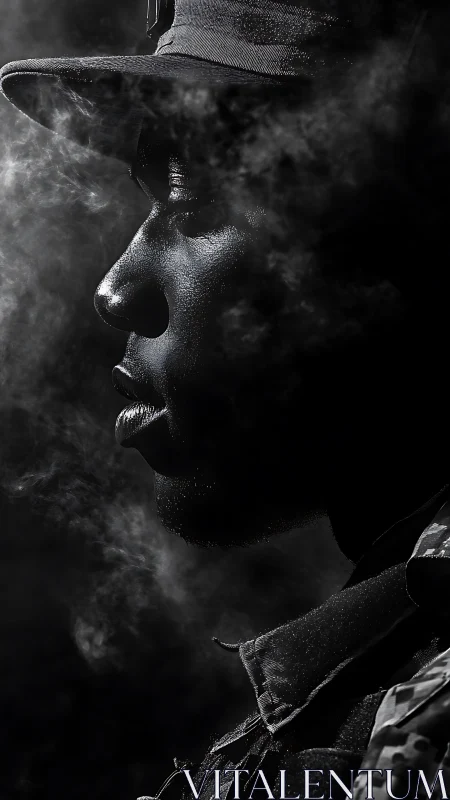 Soldier profile emerges through drifting battlefield smoke