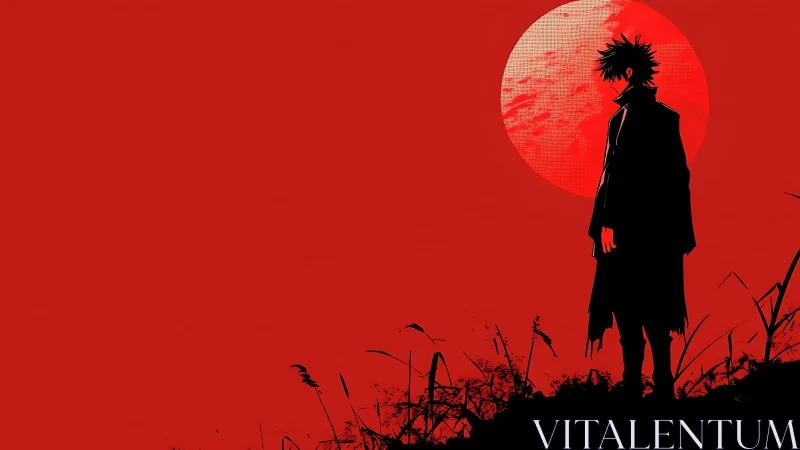 Lone dusk wanderer outlined against a roaring crimson moon.