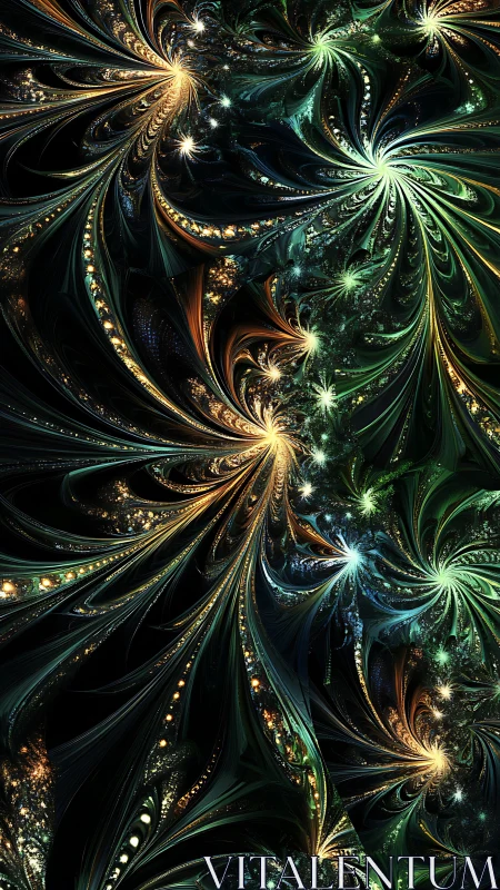Fractal starbursts spiral through cosmic foliage patterns.